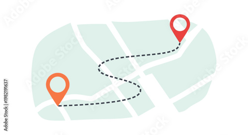 Simple map showing a dashed route with location pins, navigation concept, isolated white background.