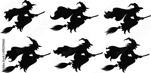 Flying witch silhouette set, Halloween spooky woman riding broomstick, magic sorceress character, dark fantasy illustration isolated black vector collection
