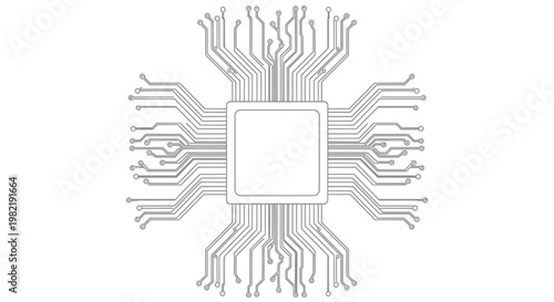 Detailed microchip with integrated circuit and connections, technology concept, isolated white background.