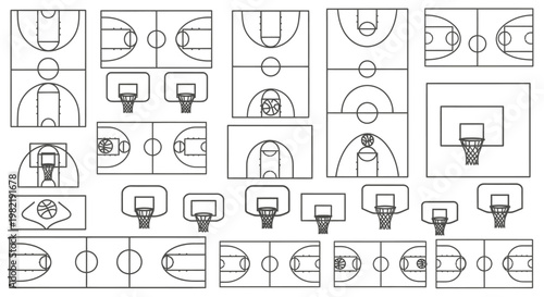 Outline Basketball Court Diagrams and Hoops Collection on Isolated White Background