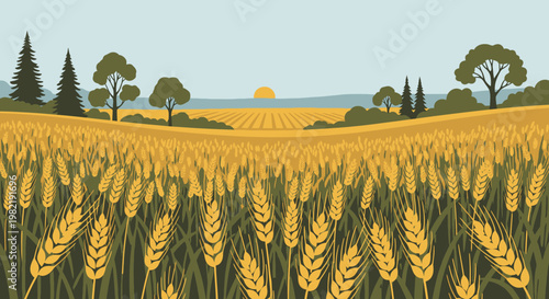 Serene Wheat Field Landscape with Trees and Hills at Sunset