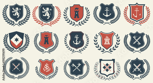 Collection of Vintage Heraldic Crests and Emblems with Wreaths on Light Background
