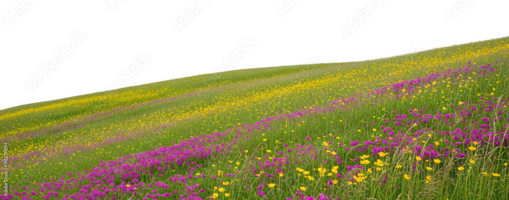 Fototapeta premium Green hillside with purple and yellow wildflowers on transparent background.