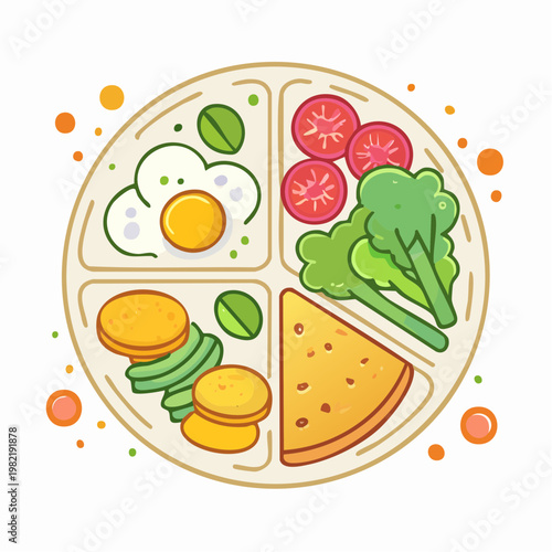 Healthy Balanced Combo Meal on Divided Plate Icon with Fried Egg, Broccoli, and Avocado