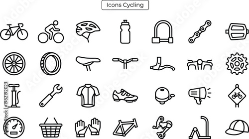 Essential vector outline icon set for cycling enthusiasts, showcasing bicycles, gear, parts, and rider accessories in a clean, modern style