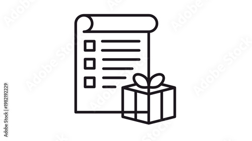 Gift list vector icon illustration featuring a checklist with checkboxes and a wrapped present box with a bow, perfect for wishlists, gift registries, holiday shopping, and event planning.