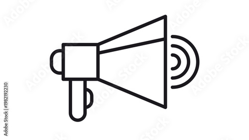 Minimalist black line vector icon of a megaphone or bullhorn with sound waves, representing communication, marketing, announcements, and broadcasting, isolated on a white background for design.