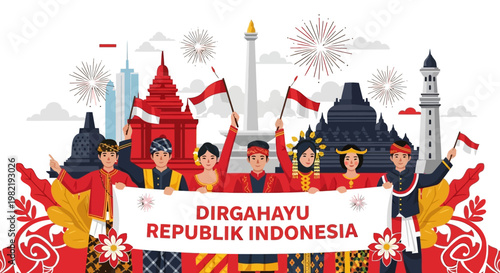People celebrate Indonesia's independence with flags and fireworks in cityscape