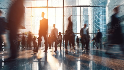 Blurred silhouettes of people walking in a modern office lobby with sunlight streaming through large windows.