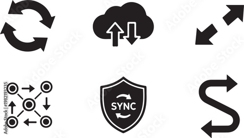 Black icons of arrows and sync symbols for technology and communication concepts