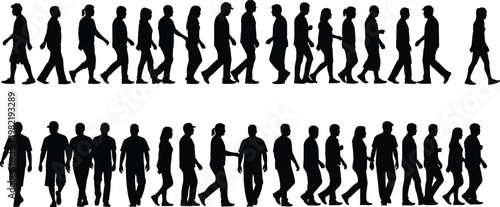 Foto People walking silhouettes collection, diverse men and women crowd figures in mo