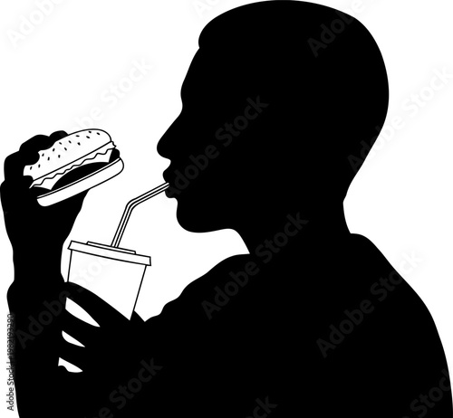 Person eating burger and soda silhouette.