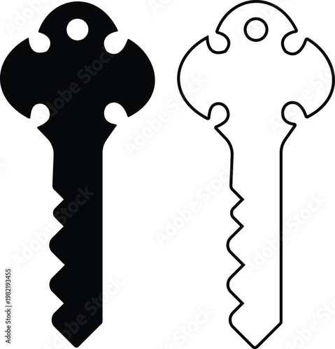 Keys icon set collection group, key, lock, unlock, security, access, house, door, property symbols, vintage and modern key shapes in flat and line style black vector illustration isolated