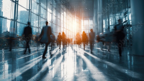 Blurred silhouettes of business people walking in a modern office lobby with bright sunlight.