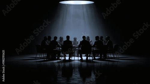 Silhouettes of People Sitting at Round Table under Single Spotlight