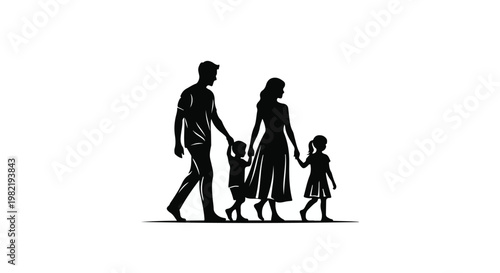 Family walking together in a synchronized line depicts the unity and strength of parental guidance as they move forward through their daily life journey with happiness and shared connection.