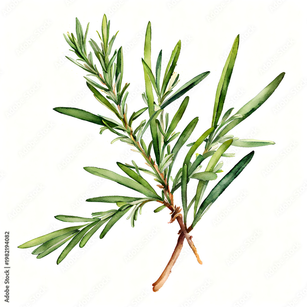 Fototapeta premium Rosemary Sprig Watercolor Illustration Isolated on White