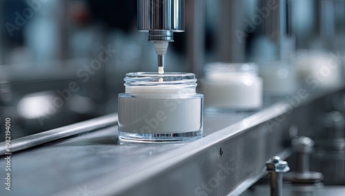 Automated Cosmetic Cream Filling Process on Production Line.