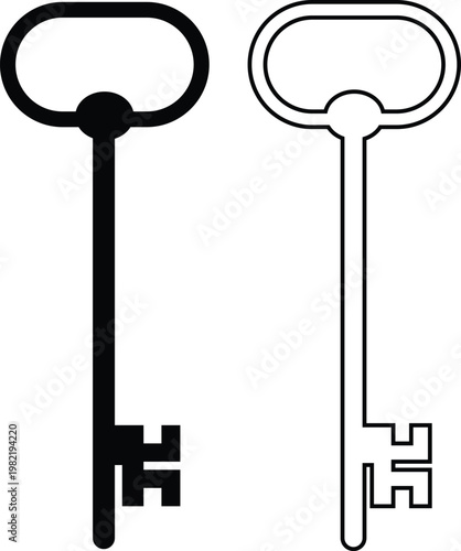 Keys icon set collection group, key, lock, unlock, security, access, house, door, property symbols, vintage and modern key shapes in flat and line style black vector illustration isolated