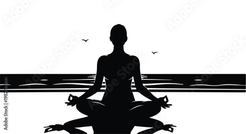 Person practicing yoga in a serene meditation pose on the beach represents the pursuit of inner peace, mindfulness, spiritual health, and the balance between body and mind in nature.