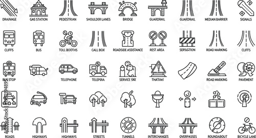 Highway And Road Infrastructure Line Icons Set Featuring Tunnels Bridges Interchanges Gas Stations Toll Booths Bus Stops Road Markings And Transportation Safety Elements For Urban Planning Maps