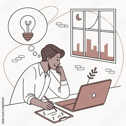 A woman sitting at a desk with a laptop and notebook