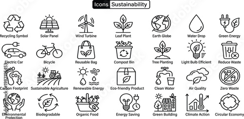 Diverse collection of sustainability and eco-friendly icons representing environmental consciousness and green initiatives