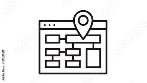 Black vector icon of a browser window displaying a website sitemap or flowchart with a location pin map marker on top, representing web navigation, site architecture, and SEO optimization.