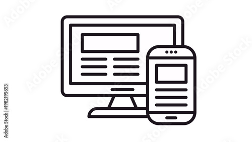 Responsive Web Design Vector Icon Illustration Featuring a Desktop Computer Monitor and Smartphone with Simplified Website Layouts, Representing Multi-Device Compatibility and Digital Interface