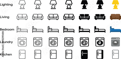 Concept collection of diverse household items, furniture, lighting, and appliances, presented as scalable vector icons in various design styles
