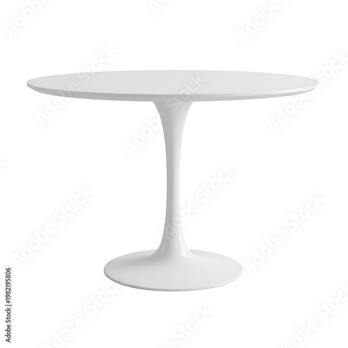 A white table with a round top and a thin stem