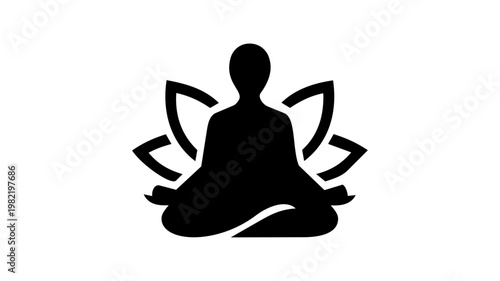 Yoga meditation logo with lotus flower, abstract zen silhouette of person in lotus pose, wellness and mindfulness icon isolated on white background