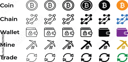Set of cryptocurrency and blockchain icons, including coins, chains, wallets, mining tools, and trading symbols