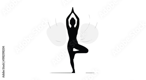 Woman silhouette practicing a balanced yoga tree pose suggests mindfulness, inner peace, and physical harmony within a serene environment designed for personal wellness and mental clarity.