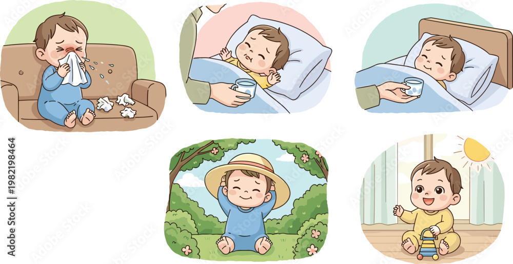 Fototapeta premium Cartoon Sick Baby and Recovery Illustration Set Featuring Baby with Cold, Mom Providing Care, and Baby Recovered and Playing for Health, Parenting, and Family Care Designs