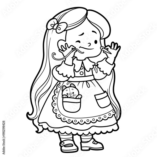 Cute cartoon girl trying to thread a needle line art isolated on a white background