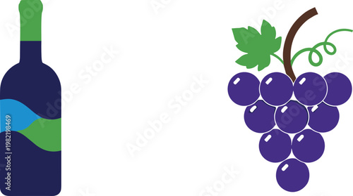 Wine Bottle and Grapes Illustration Set Featuring Vineyard Fruit and Beverage Elements for Winery and Alcohol Drink Design