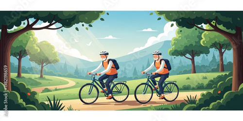 Senior Couple Cycling in Nature Park with Mountain Landscape Healthy Lifestyle Outdoor Activity Illustration Featuring Bicycling Adventure and Active Aging Concept
