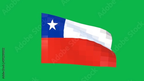Waving Chile Flag with Low Poly Pixel Mosaic Style on Green Screen Background
