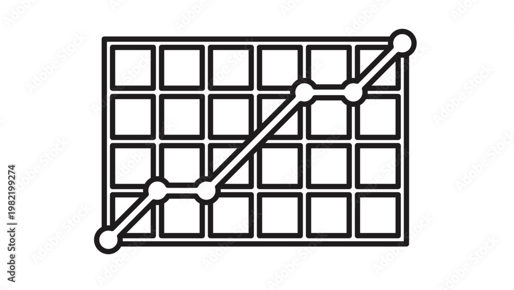 Αυτοκόλλητο Black vector icon illustration of a line graph showing an upward trend over a grid background, representing business growth, financial success, data analytics, and positive progress