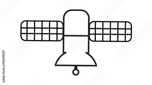 Black line vector icon of a satellite with solar panels, minimalist space technology illustration for communication, GPS, and telecommunications concepts, scalable graphic symbol for web design.
