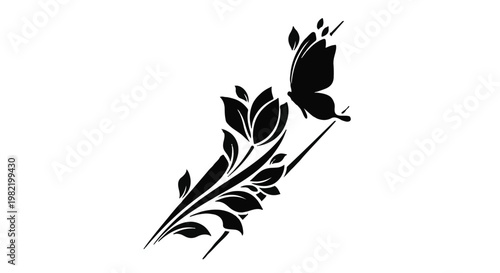 Butterfly landing on a stylized floral arrangement creates a graceful silhouette illustration that blends organic elegance with artistic design elements for sophisticated branding or decoration.