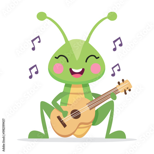 Fotografie Creative cricket character playing a wooden guitar for musical insect theme and