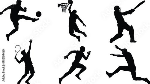 Silhouettes of people playing various sports in different poses and actions on white background