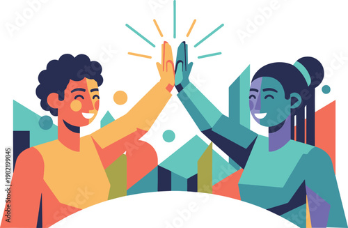 Diverse friends giving high five, allies in solidarity, colorful illustration