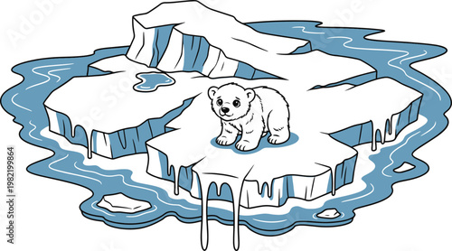 polar bear on melting ice floe, climate change concept