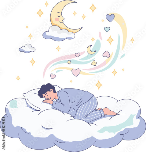 a cartoon man sleeps on a cloud with a dream of a rainbow and a crescent moon
