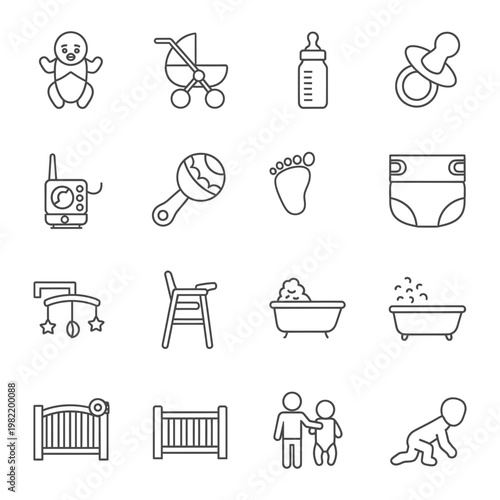 Baby care and newborn essentials icon set