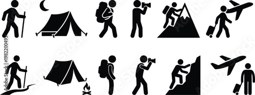 Black silhouettes of travelers and adventure seekers on white background  hiking camping climbing flying