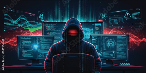 Cybersecurity Hacker Concept with Hooded Figure Using Multiple Screens Digital Crime Data Breach and Network Security Threat Illustration for Technology and Cyber Attack Theme